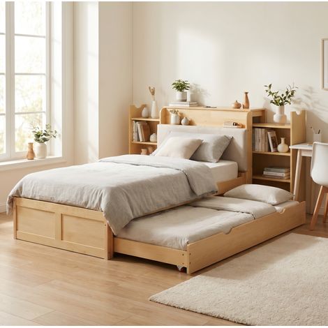 Letto multifunzione scandinavo in legno ingegnerizzato naturale 90x200 cm con letto estraibile, testiera imbottita, USB e prese EU