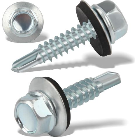 120 vis à tôle trapézoïdales autotaraudeuses de 5,5 x 25 mm à tête hexagonale avec disque d’étanchéité, vis de charpentier galvanisées en tôle, vis autoperceuses, vis de toiture en métal (argent) (1/5)