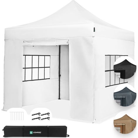 VONROC Faltpavillon 3x3 m – Set inkl. Seitenwände – Modular – Faltbar – Wasserdicht – Stahlrahmen – UV-Schutz 50+ – Inkl. Transporttasche – Weiß