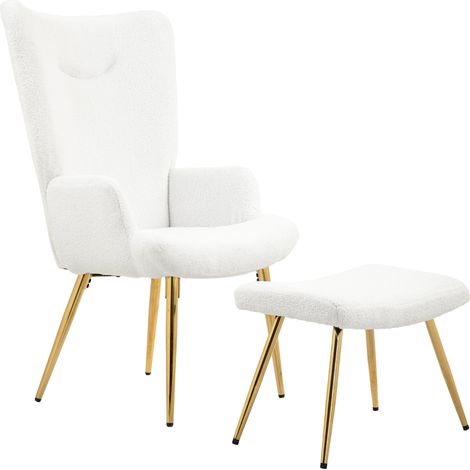 Fauteuil ailier avec tabouret dossier haut housse sherpa pieds métalliques dorés blanc 120 kg