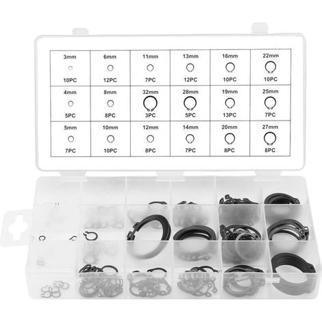 Ensemble de bagues de retenue, assortiment de 150 pièces C-clip C-ring Bagues de retenue d'arbre Anneau élastique pour jeu de bagues de retenue 3 mm - 32 mm Taille 18 avec boîte