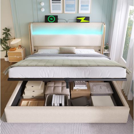 CHICFURN Letto matrimoniale 180x200 cm in lino beige con LED, USB Type-C e vano contenitore (1/5)