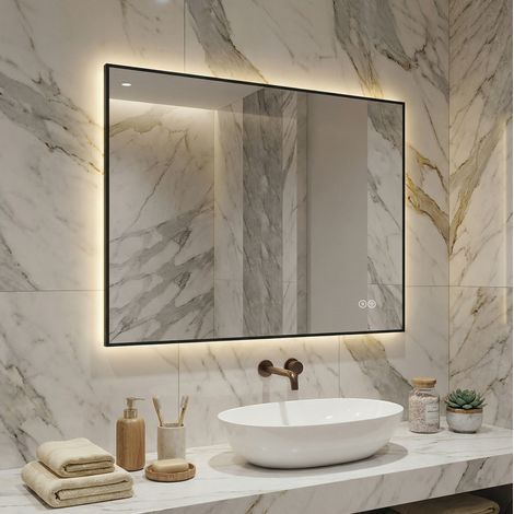 Miroir LED salle de bain 80x60 cm en verre argenté, anti-buée, style moderne FLORAGRACE (1/5)