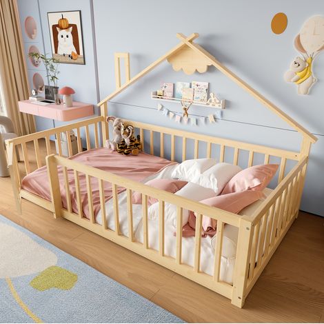 Letto a casetta bambini 90x190 cm con sponde di sicurezza e rete a doghe, naturale (1/5)