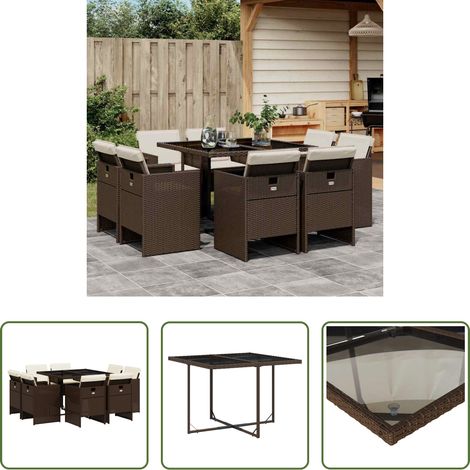 Gartentisch - 9-tlg. Garten-Essgruppe mit Kissen Braun Poly Rattan (1/5)