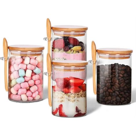 (500 ml - 4 bouteilles) Bocaux de conservation des aliments en verre avec couvercles en bambou, adaptés à la conservation des flocons d'avoine, des salades, des yaourts et des grains de café. (1/5)