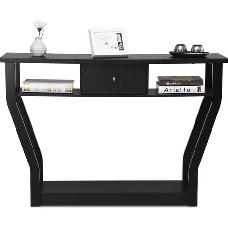Tavolo con cassetto e 3 ripiani da studio e ufficio, Consolle per ingresso e salone multiuso 120x30x81cm Nero (1/4)
