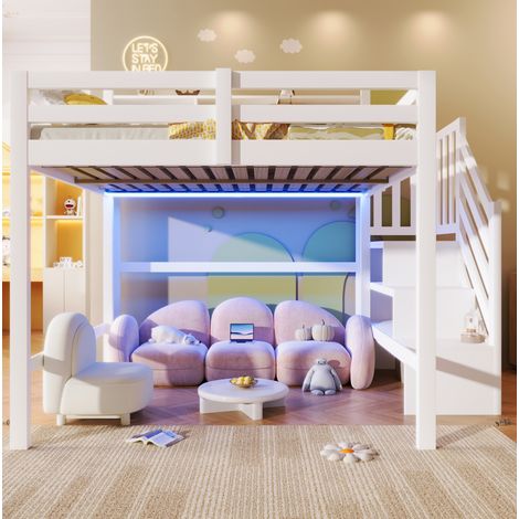 Cama alta infantil 140x200 cm, con LED, escalera con almacenaje, madera de pino, blanco (1/5)