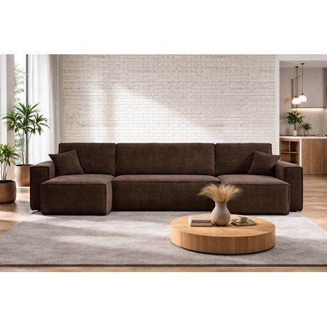 Divano angolare a U CARLOS U trasformabile – Marrone cioccolato, grande formato, funzione letto, vano contenitore XXL, angolo universale sinistro/destro
