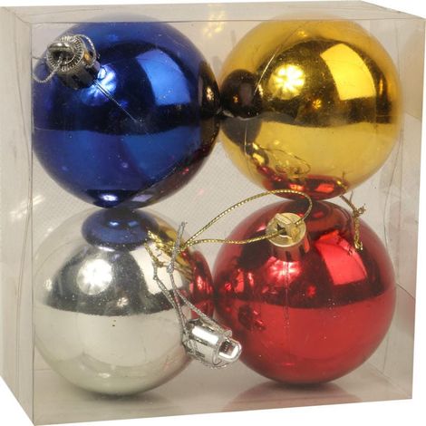 Set mit vier bunten Kunststoffkugeln – Blau, Rot, Gold, Silber, 6 cm (1/5)