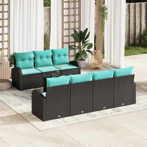 Salon de Jardin Modulable 8 Pièces Canapé et Table en Polyrotin Noir et Turquoise - PANGIVO (1/5)