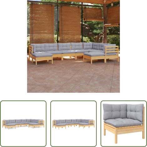 Terrassensofa - 9-tlg. Garten-Lounge-Set mit Grauen Kissen Kiefer Massivholz (1/5)