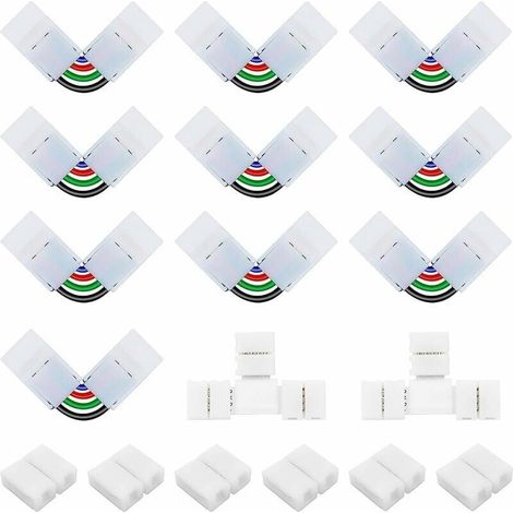Kit de Connecteur Ruban LED 5050 4 Broches de 10mm Contenue 6 Connecteurs Gapless de 10mm, 10 Connecteurs en Forme de L de 4 Broches à Angle Réglable, 2 Connecteurs en Forme de T pour Bande SMD-LIAIKI