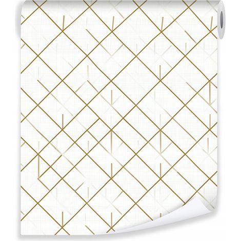 Papier peint géométrique lignes or blanc sur molleton mur salon chambre coucher (1/3)