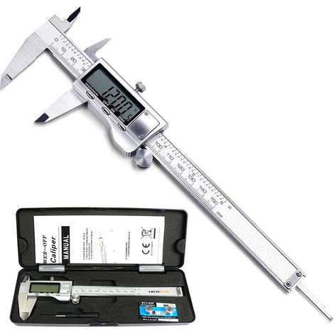 Calibrador digital de 0 a 150 mm, medidor de profundidad con conversión métrica, fabricado en acero inoxidable con pantalla LCD extragrande (plateado). (1/5)