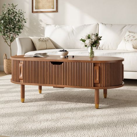 Table basse relevable 110x48x57cm, rangement intégré, porte coulissante rainurée, MDF, pieds en bois d’hévéa (1/5)