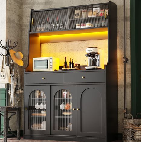 Credenza alta 120x40x180 cm in MDF con illuminazione LED, 3 ante, 2 cassetti e ripiani regolabili, nera (1/5)