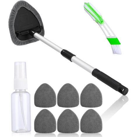 Limpiador de ventanas para coche con 6 estropajos de microfibra y pulverizadores, kit de limpieza de ventanas para coche, con mango extensible, giratorio 180°, color gris