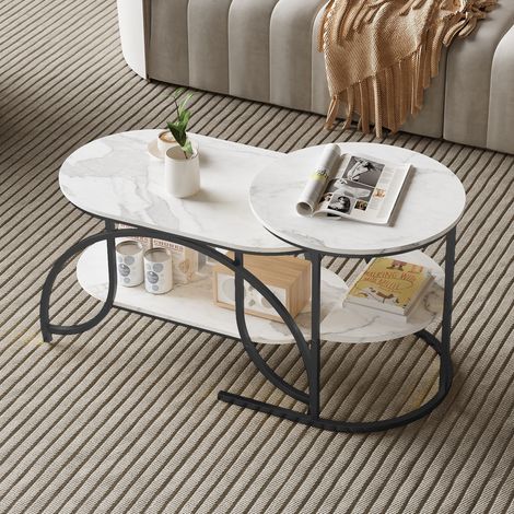 Tavolino da caffè a cubo, effetto marmo, design moderno con telaio in metallo, mensole, set di 2 tavoli modulari e multifunzionali - Nero