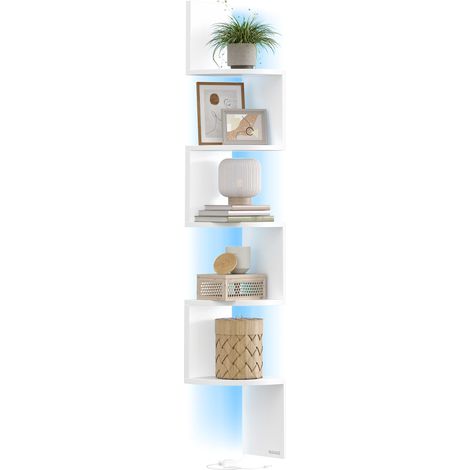 Étagère d’Angle, Étagère Murale avec Éclairage LED, 5 Niveaux, en Zigzag, Bibliothèque, pour Chambre, Salon, Salle de Bain, avec Bouton, Télécommande, Blanc Mat LBC630W01 (1/5)