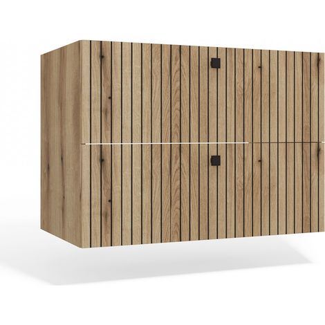 Topeshop – Meuble sous lavabo suspendu 80 cm – 2 tiroirs avec fermeture silencieuse – Façade rainurée en MDF – Poignées métalliques noires