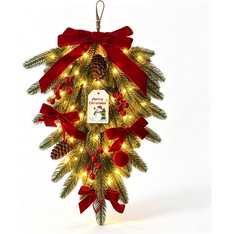 Adorno navideño colgante de ratán con gotas de agua, luces LED, lazos de terciopelo y agujas de pino. Ideal para la puerta de entrada o la chimenea. Adorno navideño rojo y verde, 60 x 35 cm. (1/5)