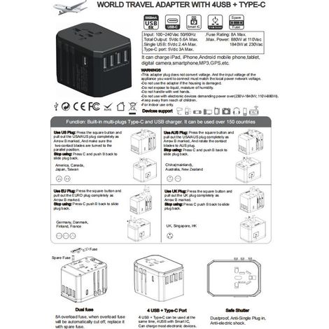 Internationaler Reiseadapter, Universaladapter mit 1 USB-A + 2 Typ C für Mobiltelefone, Computer, Tablets, All-in-One-Global-Netzsteckeradapter für USA/UK/EU/Australien, Schnellladung, Schwarz
