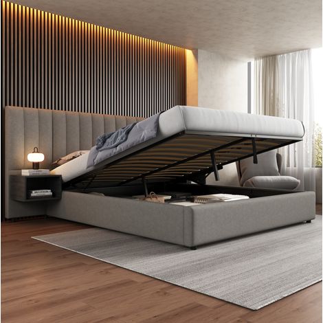 DESVIAE Lit coffre rembourré 180 x 200 cm avec système hydraulique et 2 tables de chevet de rangement sommier à lattes en bois revêtement en lin gris noir pour adulte et adolescent (1/5)