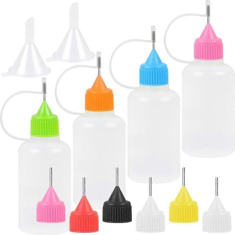 Lot de 6 flacons à embout aiguille multifonctions pour designers et artistes, avec 2 entonnoirs. (1/5)