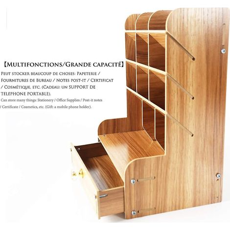 Boîte de rangement de bureau grande capacité, multifonctionnelle, en bois massif, pour fournitures de bureau et papeterie. (1/4)