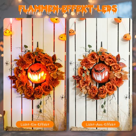 Couronne d'Halloween avec citrouilles effrayantes, feuilles d'automne, effets lumineux, plastique