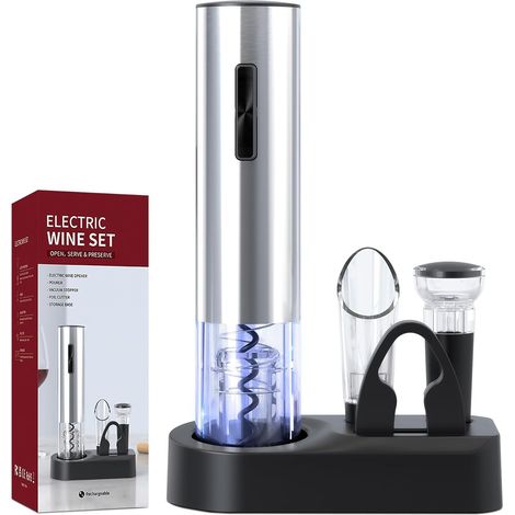 Coffret ouvre-bouteille électrique rechargeable sans fil avec tire-bouchon automatique, aérateur, verseur, système de mise sous vide et base de rangement pour bouteille de vin (1/5)