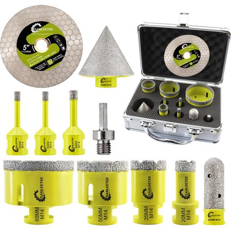 Foret Diamant Carrelage Kit - Scie Cloche Diamantée 11 pièces (6/6/8/20/35/50/68mm+20mm Fraise+50mm Mèches Chanfrein+125 Disque+Adaptateur) pour Carrelage Céramique Porcelaine Marbre (1/5)