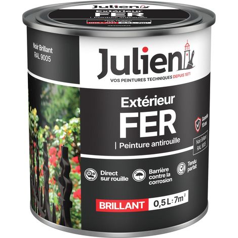 Julien Peinture Fer Anti-Rouille Brillant - Portes, grilles, portails, mobilier de jardin en métal - Noir Brillant 0,5 L