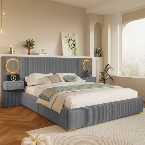 Letto matrimoniale 180x200 cm in velluto con testiera LED, USB e contenitore integrato, struttura stabile - grigio (1/5)