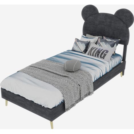 Lit Enfant Lit Simple avec Coffre Pneumatique, Tête de Lit Cartoon, 90 x 200 cm, sans Matelas, Gris (1/5)