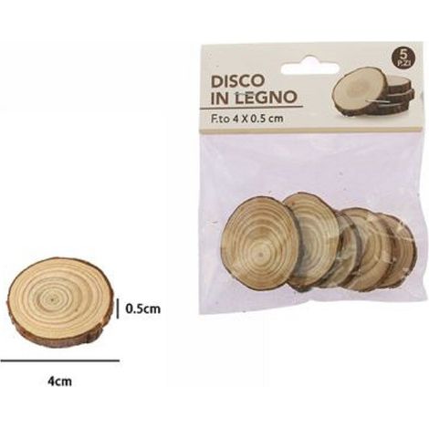 TRADE SHOP - Set 5 Pezzi Dischi Disco Di Legno Decorativo Per Ornamento 4x0.5cm Rotondo 72106 -
