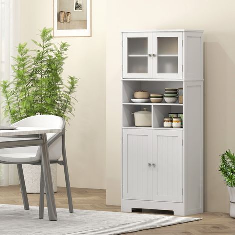 Aparador de cocina con 2 armarios, 3 compartimentos abiertos, despensa estrecha con puertas de cristal y estantes ajustables, para salón o comedor, 60x30x145,5 cm, blanco.