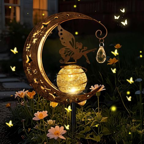 Lampes Solaires de Jardin, Fée Decoration Jardin Exterieur, Métal Lune LED Boule de Verre Lumière Solaire Exterieur, IP65 Étanche, Lampe Solaire pour Chemin, Patio, Balcon, Pelouse, Deco