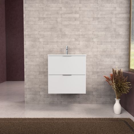 Inda - Badezimmerschrank B.60 mit mattiertem Waschbecken / Mattweiß 2 Schubladen - Topazio