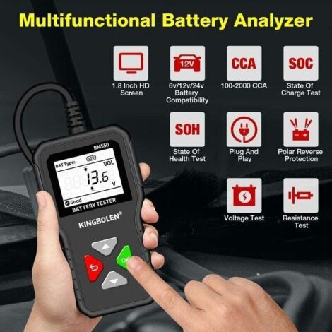 NALOOKAMIC Testeur de Batterie AUTO 6V 12V 24V,BM550 100-2000 CCA 2-200Ah Testeur d’alternateur automobile Analyseur de batterie numérique pour Voiture/Camion/Moto/ATV/SUV/Bateau/Yacht (1/3)