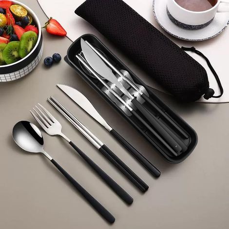 4-Piece Camping Cutlery Set, Stainless Steel Travel Cutlery Set, Portable Cutlery Set with Knife, Fork, Spoon, Chopsticks, Lunch Box Cutlery for Picnics, Travel, School, Office (1/5)