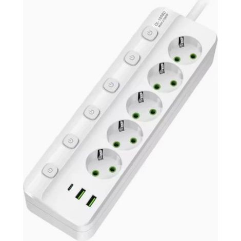 Multiprise européenne 5 prises avec ports USB-C et USB-A, charge rapide Type-C, multiprise compacte pour bureau et maison, blanc (1/5)