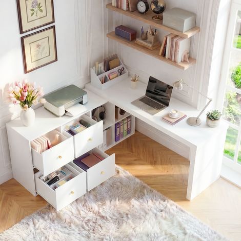 Bureau / bureau d'angle, télétravail, bureau à domicile, rangement, tiroirs de rangement, bureau intégré, pivotant 360°, côté gauche, blanc, travail confortable (1/5)