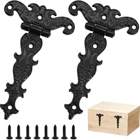 2 Pièces Charnières en T Noires 113mm, Charnière Porte Placard Vintage en Alliage Robuste, Penture Décorative avec Vis pour Meuble, Armoire, Boîte en Bois et Porte de Jardin (1/5)