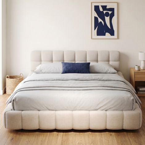 Lit adulte 140x190 cm avec sommier, lit double capitonné avec cadre de lit bas intégré, tête de lit rembourrée, Lin, style Minimaliste, Beige (1/5)