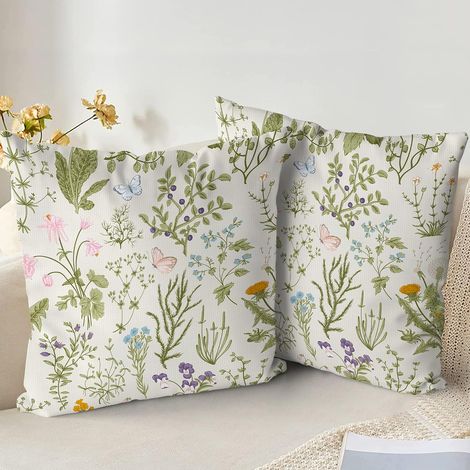 CCYKXA Kissenbezüge, 2er-Set, 45 x 45 cm, weich, salbeigrün, mit Wildblumen- und Pflanzenmotiv, für Sofa, Bett, Garten, Terrasse, Frühlingsdekoration, mit Reißverschluss (1/5)