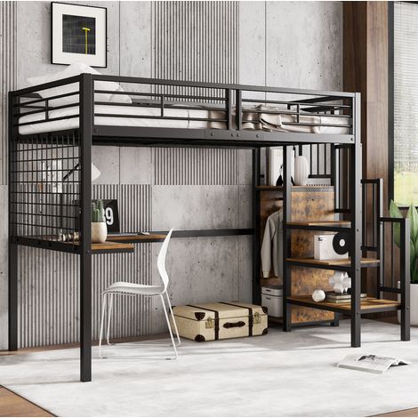 Lit mezzanine 90 x 200 cm pour enfant et adolescent,avec bureau et armoire intégrée escalier, structure en métal et MDF,noir et noyer foncé (1/5)
