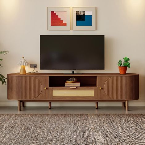 Meuble TV 175x36x51cm - avec tiroirs en rotin, compartiments ouverts, plateau arrondi et pieds en métal - imitation noyer (1/5)