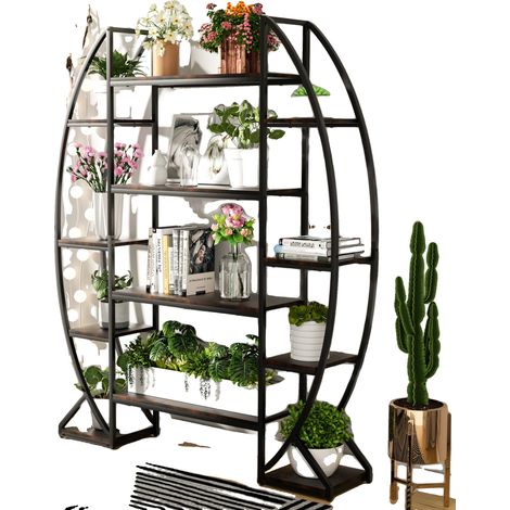 Soporte para plantas, diseño industrial, almacenamiento de 5 niveles, negro y marrón, XL (1/2)